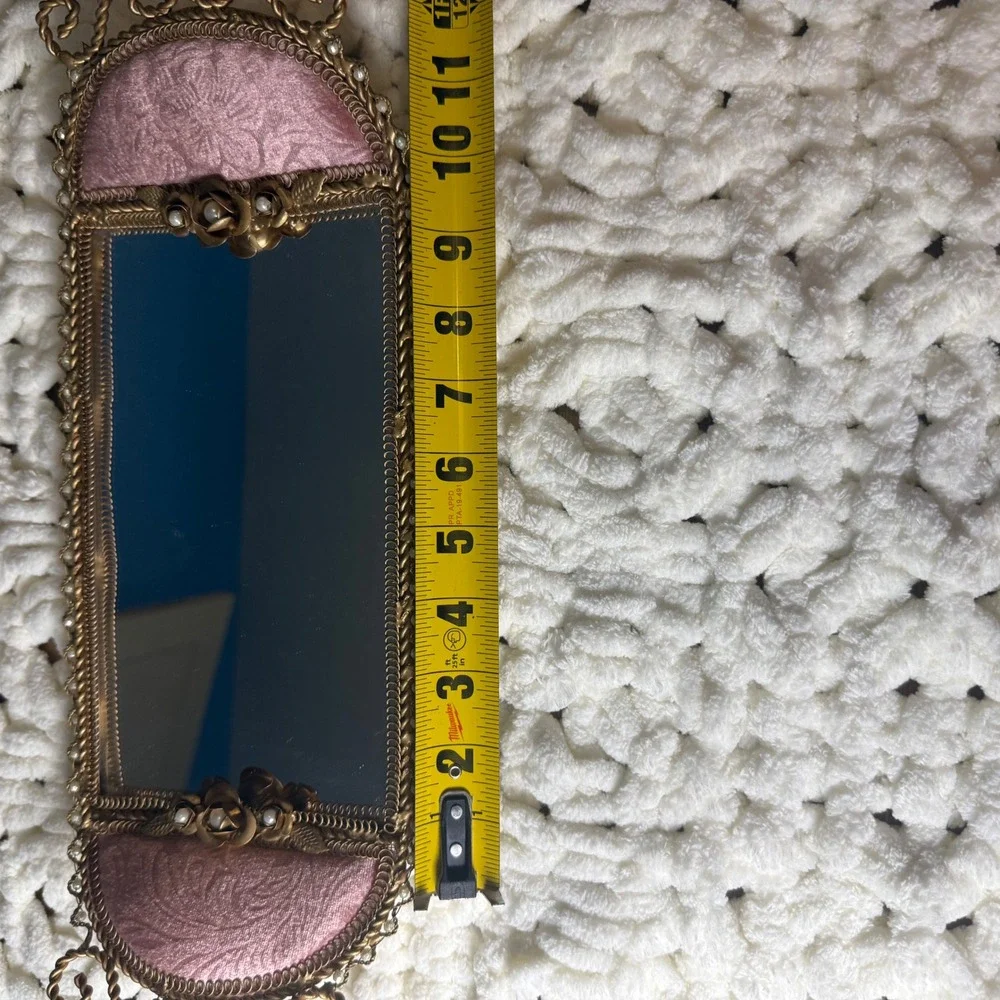 VTG Victorian Pink Brocade Filigree Vanity Tray & Hand Mirror Regency Romantic